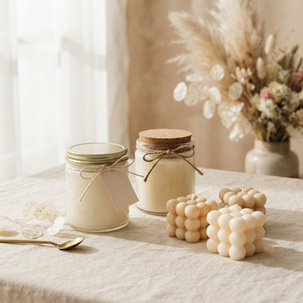 Colección de velas artesanales de soya AURALUZ con tarros de vidrio, tapas doradas y de corcho, y velas burbuja, dispuestas sobre lino color marfil